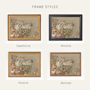 Victorian Nursery Name Sign | Personalized Baby Girl Canvas in Gold Frame | Antique Floral Decor Over the Crib | N147