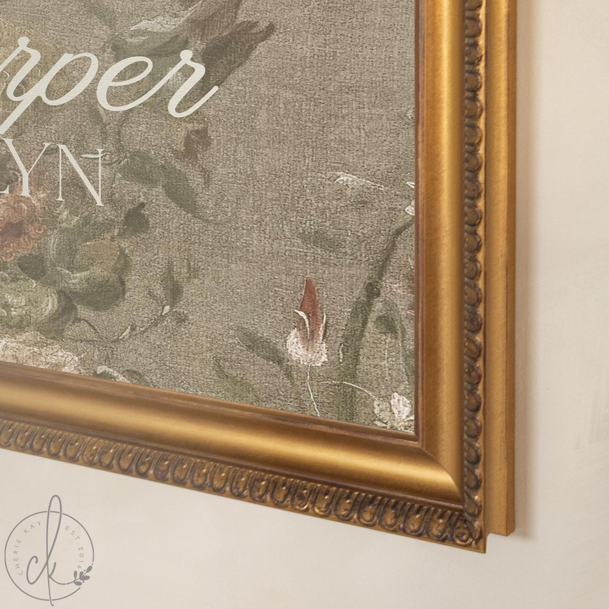 Victorian Nursery Name Sign | Personalized Baby Girl Canvas in Gold Frame | Antique Floral Decor Over the Crib | N147