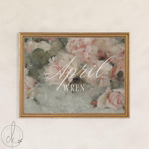 Flower Nursery Decor | Custom Name Sign with Vintage Peony Art | Personalized Baby Girl Gift in Gold Frame | N148