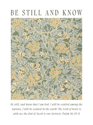 William Morris Framed Art | Be Still and Know Psalm 46 Scripture Wall Decor | Sage Green Floral | N142