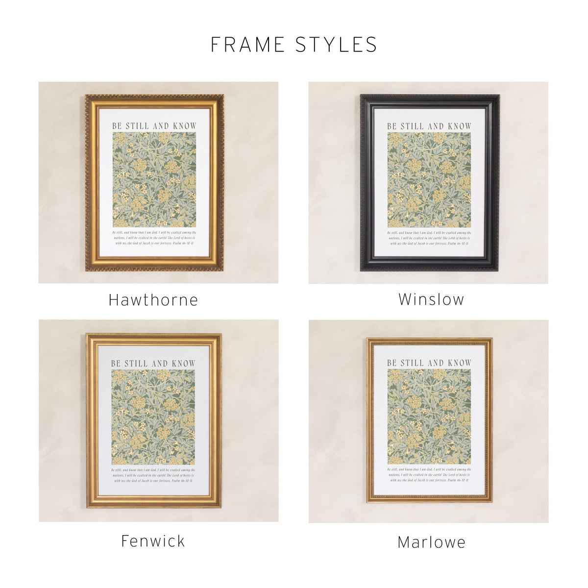 William Morris Framed Art | Be Still and Know Psalm 46 Scripture Wall Decor | Sage Green Floral | N142