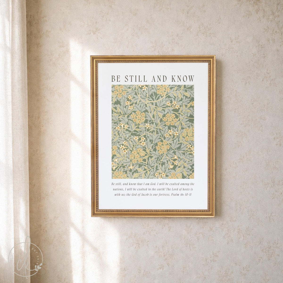 William morris framed art in a gold frame, sage green floral pattern with Psalm 46 be still and know verse