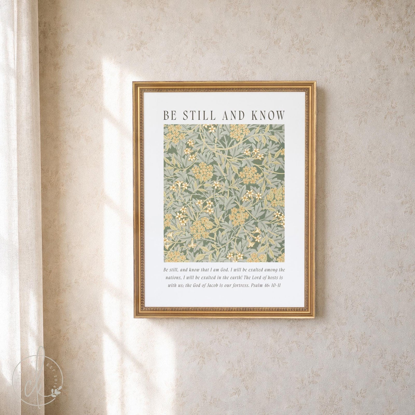 William morris framed art in a gold frame, sage green floral pattern with Psalm 46 be still and know verse