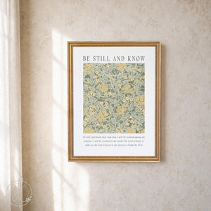 William morris framed art in a gold frame, sage green floral pattern with Psalm 46 be still and know verse