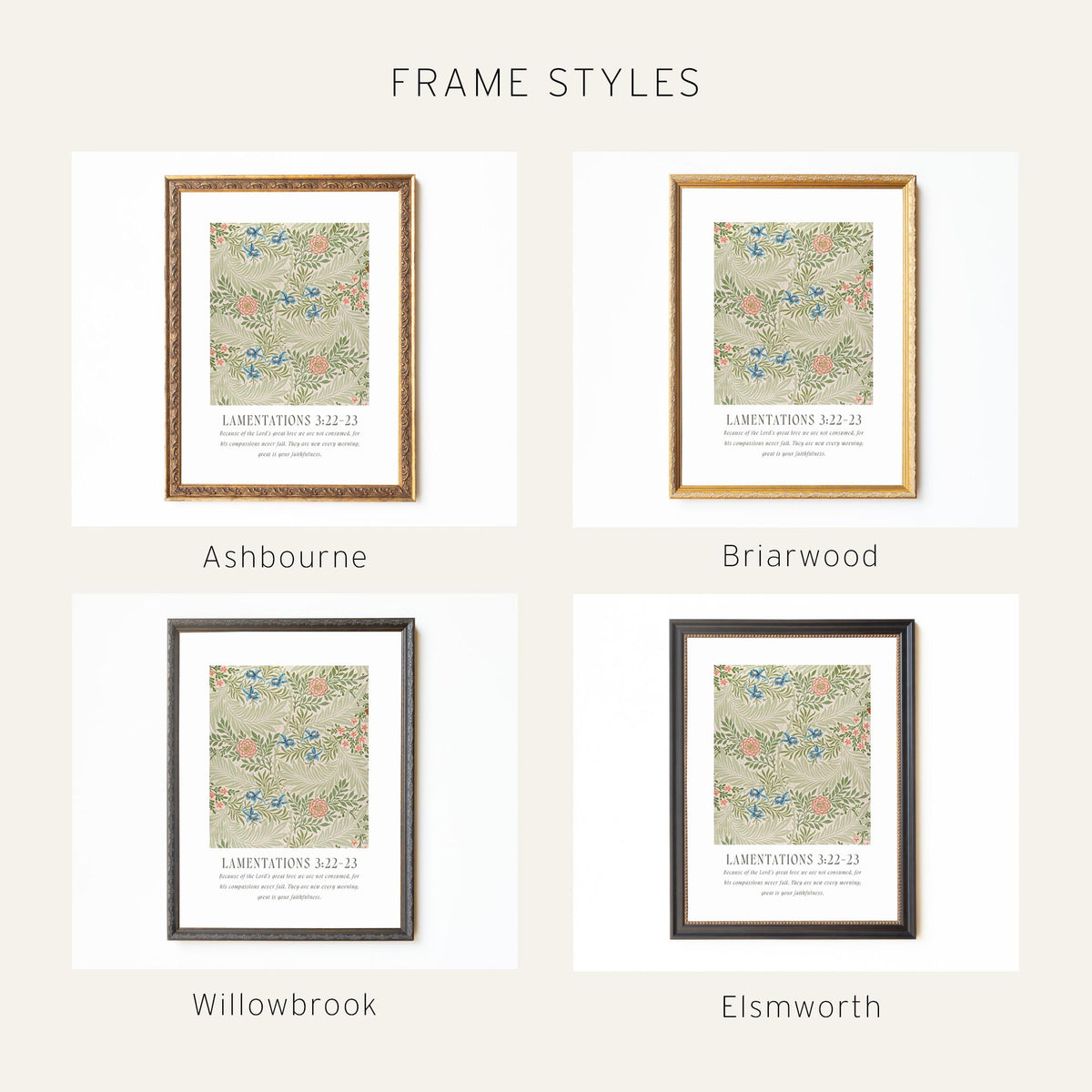 Scripture Art Print | William Morris Floral Wall Art | Lamentations 3:22-23 Framed Decor | N143