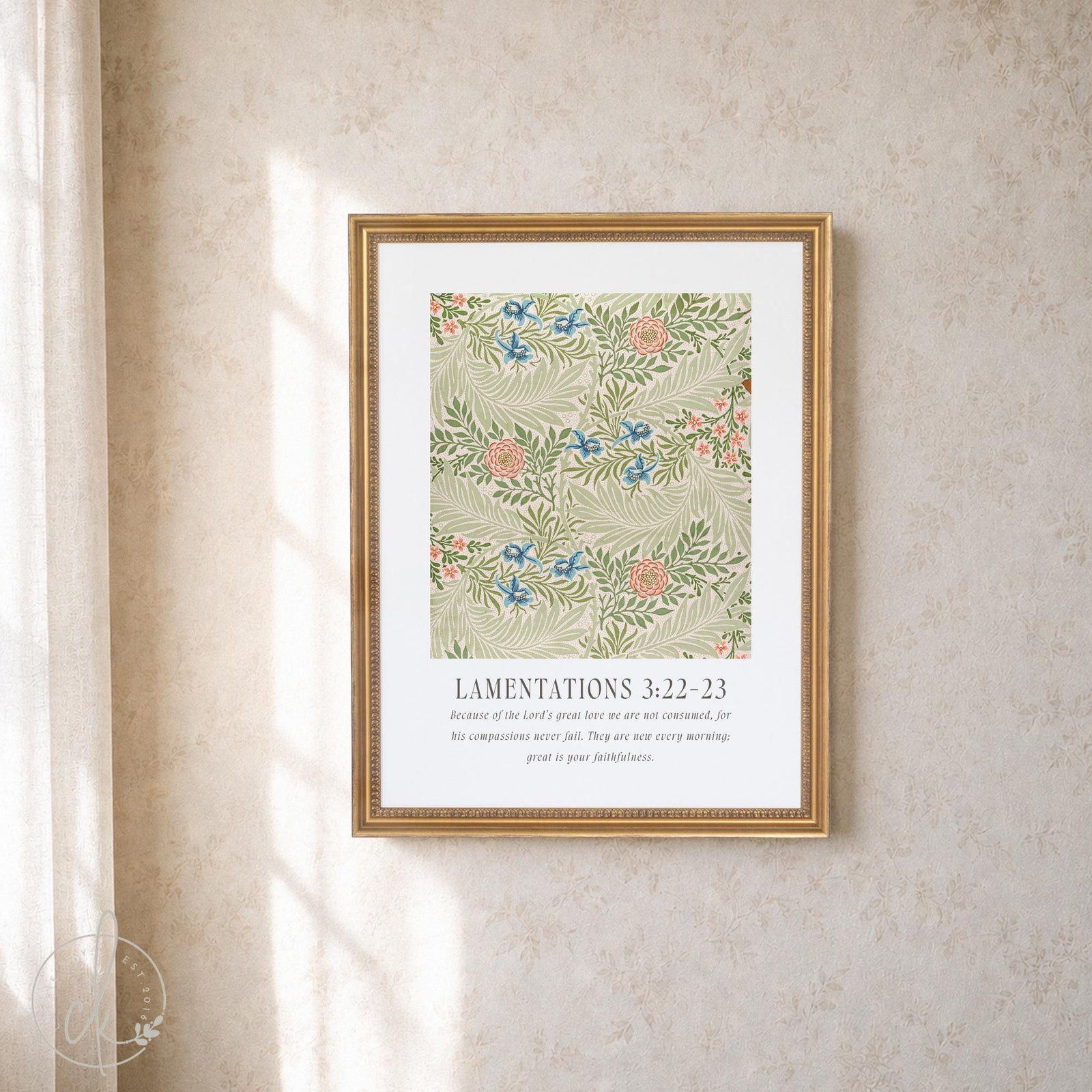 Scripture art print with a William Morris floral pattern and Lamentations 3:22-23 in a gold frame.