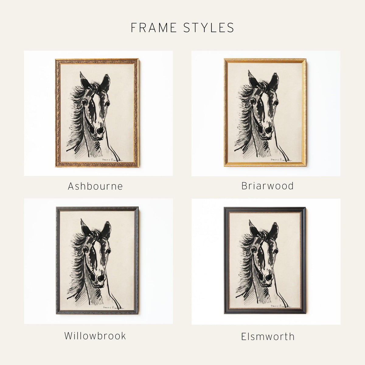 Black and White Horse Art | Framed Horse Sketch Print | Modern Equestrian Wall Decor | N144