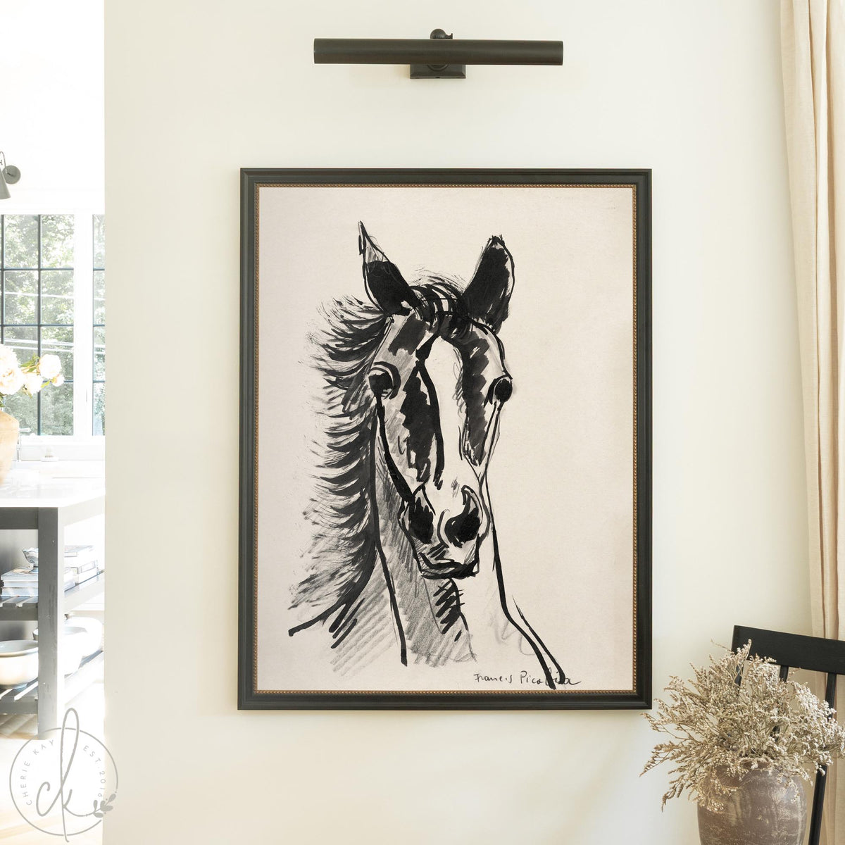 Black and White Horse Art | Framed Horse Sketch Print | Modern Equestrian Wall Decor | N144
