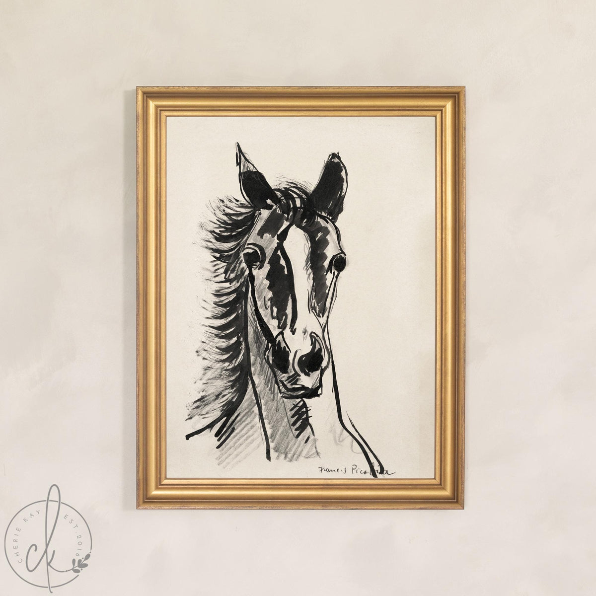 Black and White Horse Art | Framed Horse Sketch Print | Modern Equestrian Wall Decor | N144