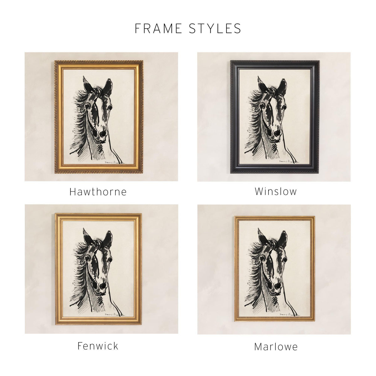 Black and White Horse Art | Framed Horse Sketch Print | Modern Equestrian Wall Decor | N144