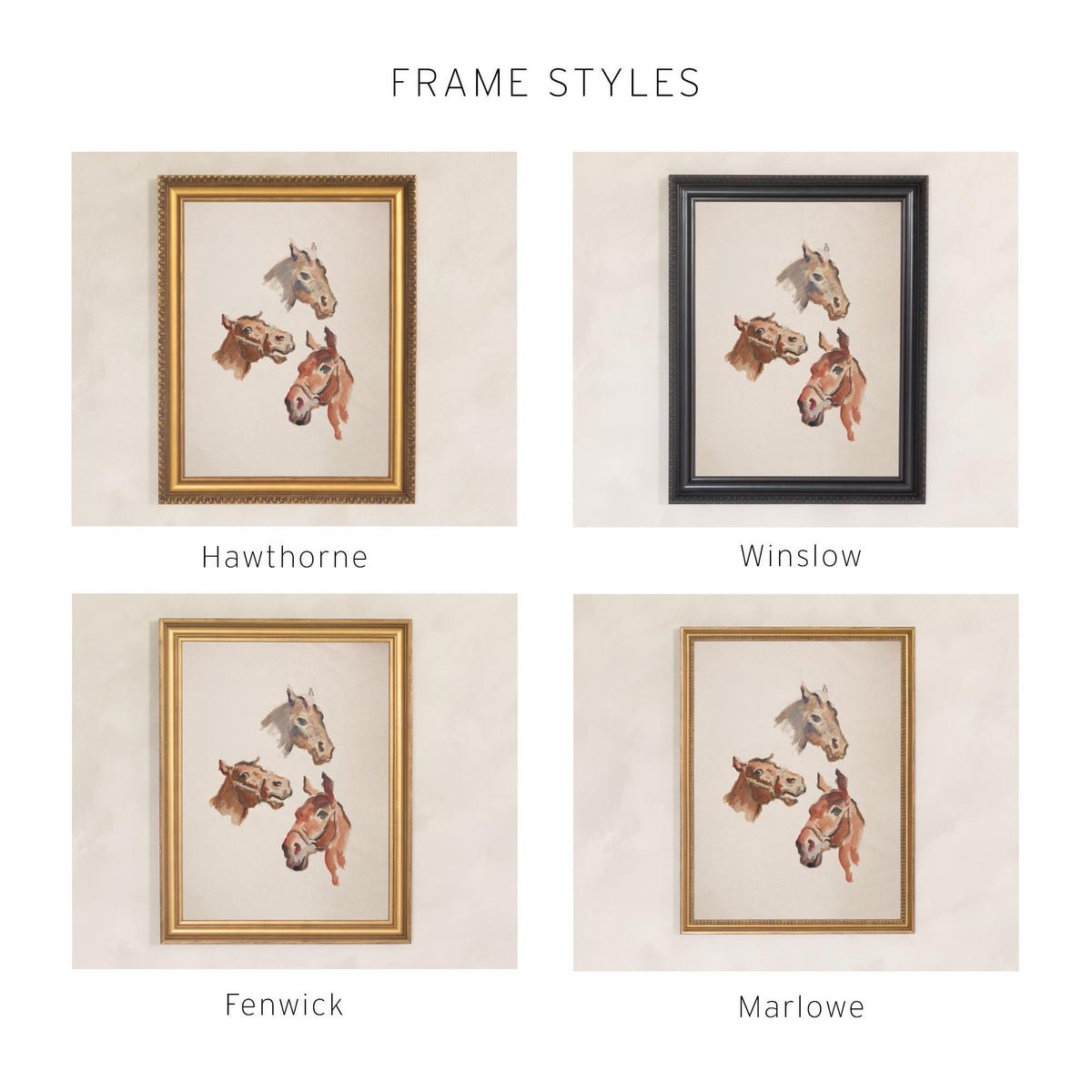 Horse Print | Framed Vintage Equestrian Canvas | Three Horse Portrait Wall Art | N145