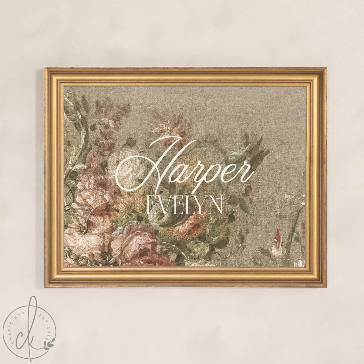Victorian Nursery Name Sign | Personalized Baby Girl Canvas in Gold Frame | Antique Floral Decor Over the Crib | N147