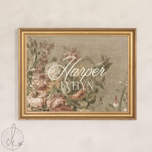 Victorian Nursery Name Sign | Personalized Baby Girl Canvas in Gold Frame | Antique Floral Decor Over the Crib | N147