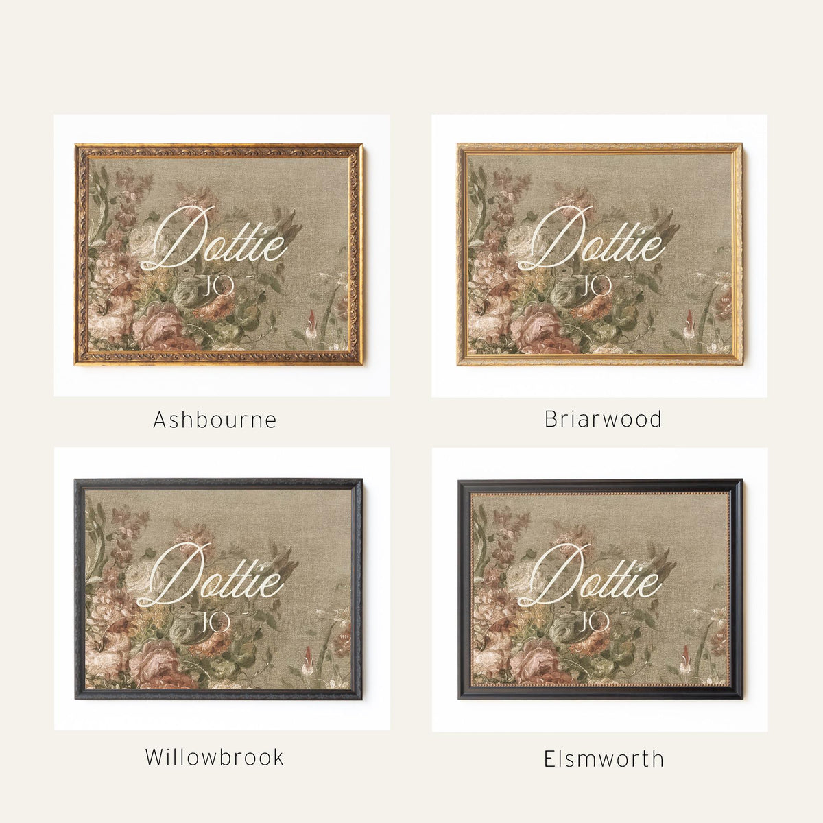 Victorian Nursery Name Sign | Personalized Baby Girl Canvas in Gold Frame | Antique Floral Decor Over the Crib | N147