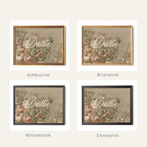 Victorian Nursery Name Sign | Personalized Baby Girl Canvas in Gold Frame | Antique Floral Decor Over the Crib | N147
