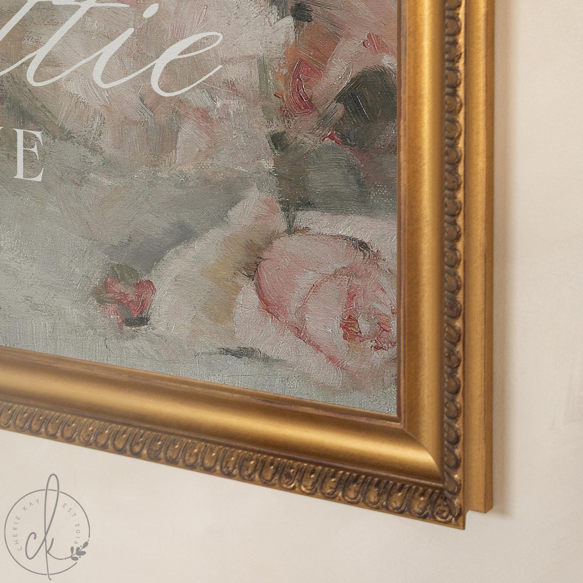 Flower Nursery Decor | Custom Name Sign with Vintage Peony Art | Personalized Baby Girl Gift in Gold Frame | N148