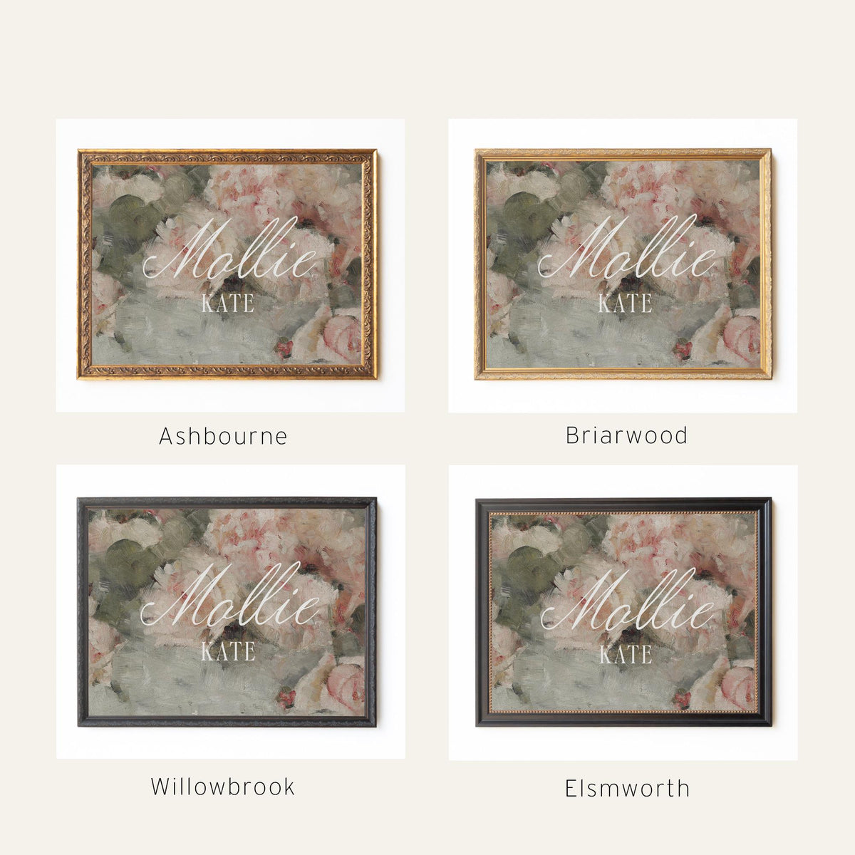 Flower Nursery Decor | Custom Name Sign with Vintage Peony Art | Personalized Baby Girl Gift in Gold Frame | N148