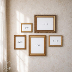 Vintage gold gallery wall frame set of five empty ornate and classic frames in 6x8, 8x10, and 11x14 sizes on a floral wall