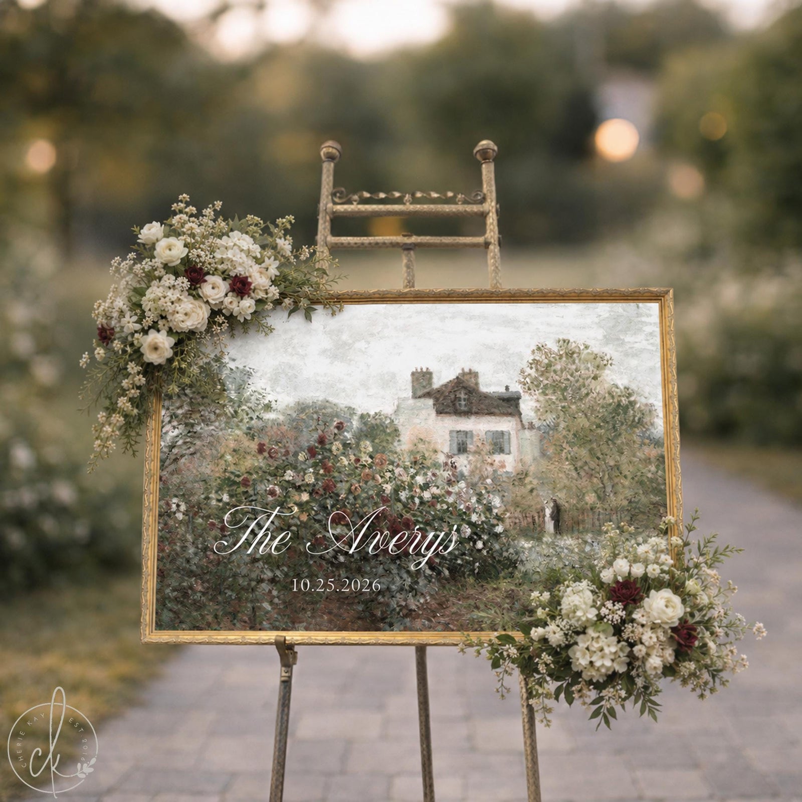 Wedding welcome sign personalized with The Averys and 10.25.2026 on a Monet garden canvas in a gold frame on an easel