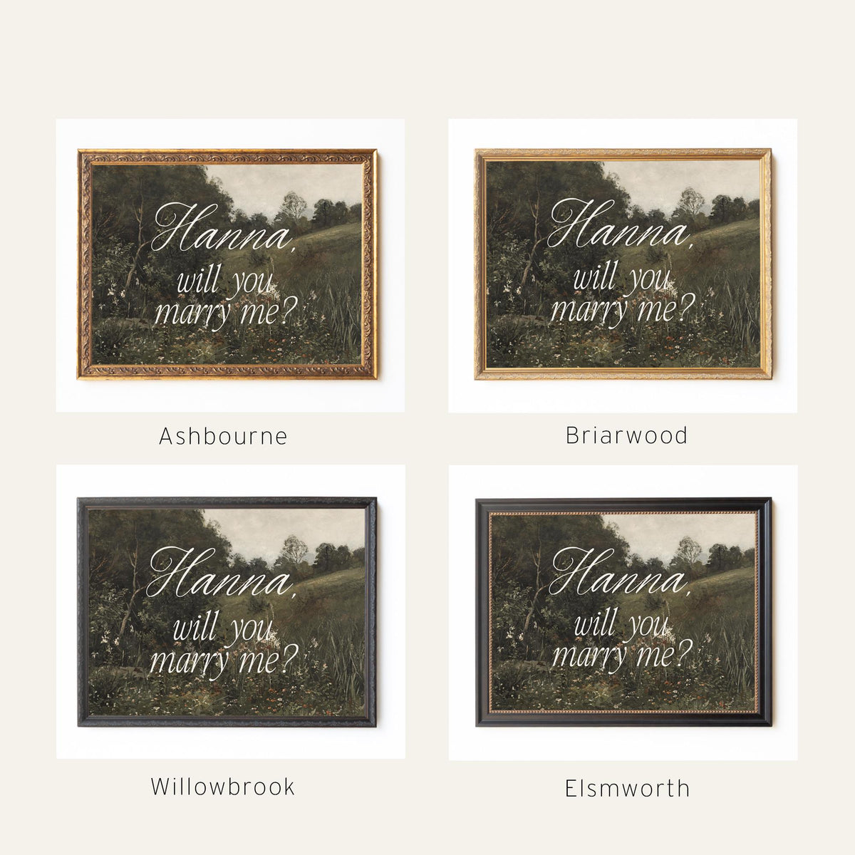 Marriage Proposal Sign | Personalized Will You Marry Me Canvas in Gold Frame | Vintage Meadow Landscape Art | N159