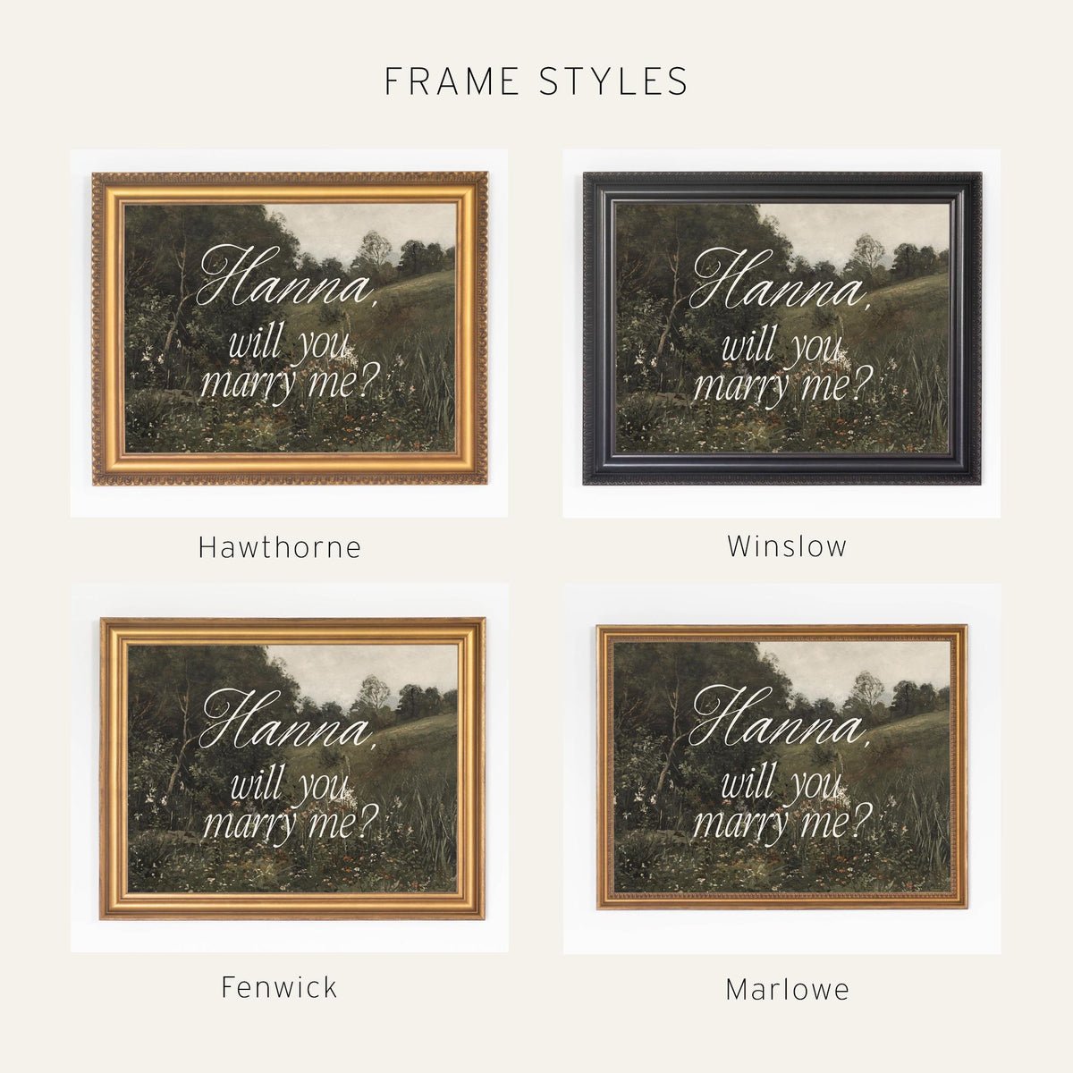 Marriage Proposal Sign | Personalized Will You Marry Me Canvas in Gold Frame | Vintage Meadow Landscape Art | N159