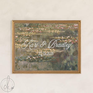 Wedding Easel Sign | Personalized Monet Water Lilies Canvas | Gold Framed Welcome Decor for Ceremony | N163