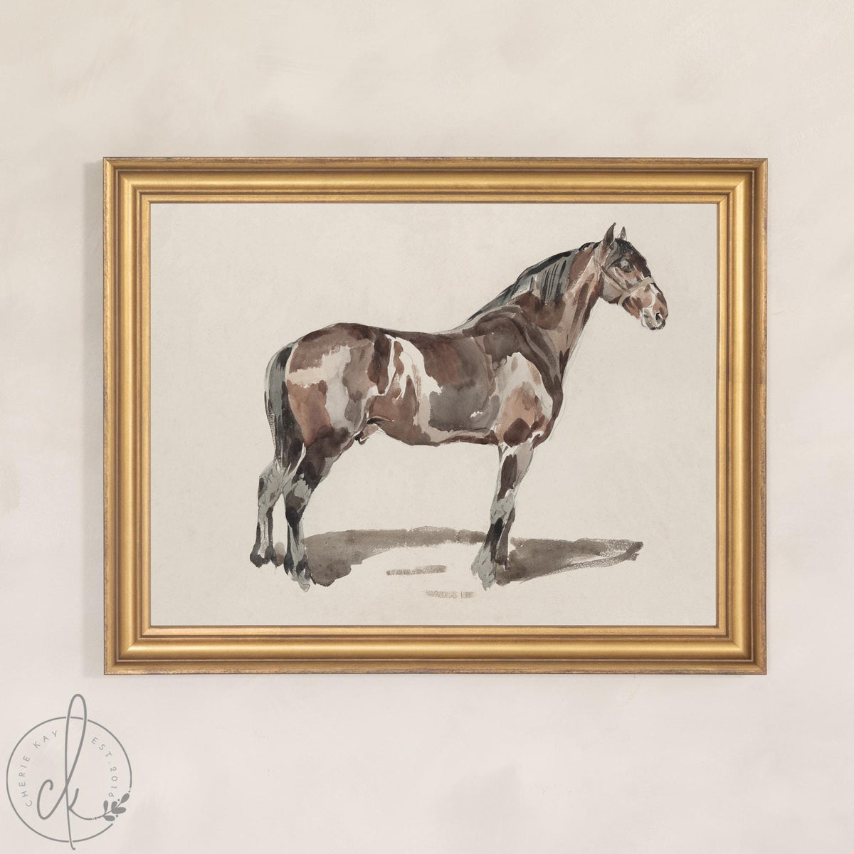 Horse Portrait Framed Canvas | Watercolor Equestrian Wall Art | Vintage Gold Frame Living Room Decor | N165