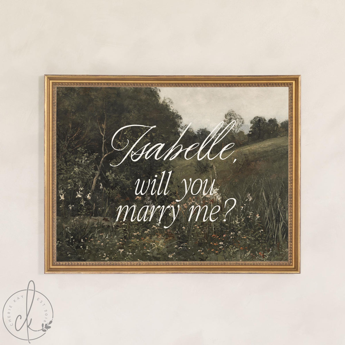 Marriage Proposal Sign | Personalized Will You Marry Me Canvas in Gold Frame | Vintage Meadow Landscape Art | N159
