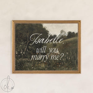 Marriage Proposal Sign | Personalized Will You Marry Me Canvas in Gold Frame | Vintage Meadow Landscape Art | N159