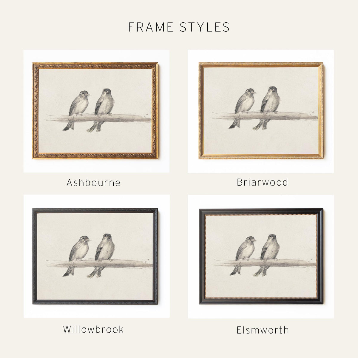 Framed Bird Art | Two Little Birds on a Branch in an Ornate Gold Frame | Vintage Neutral Wall Decor for the Living Room | N167