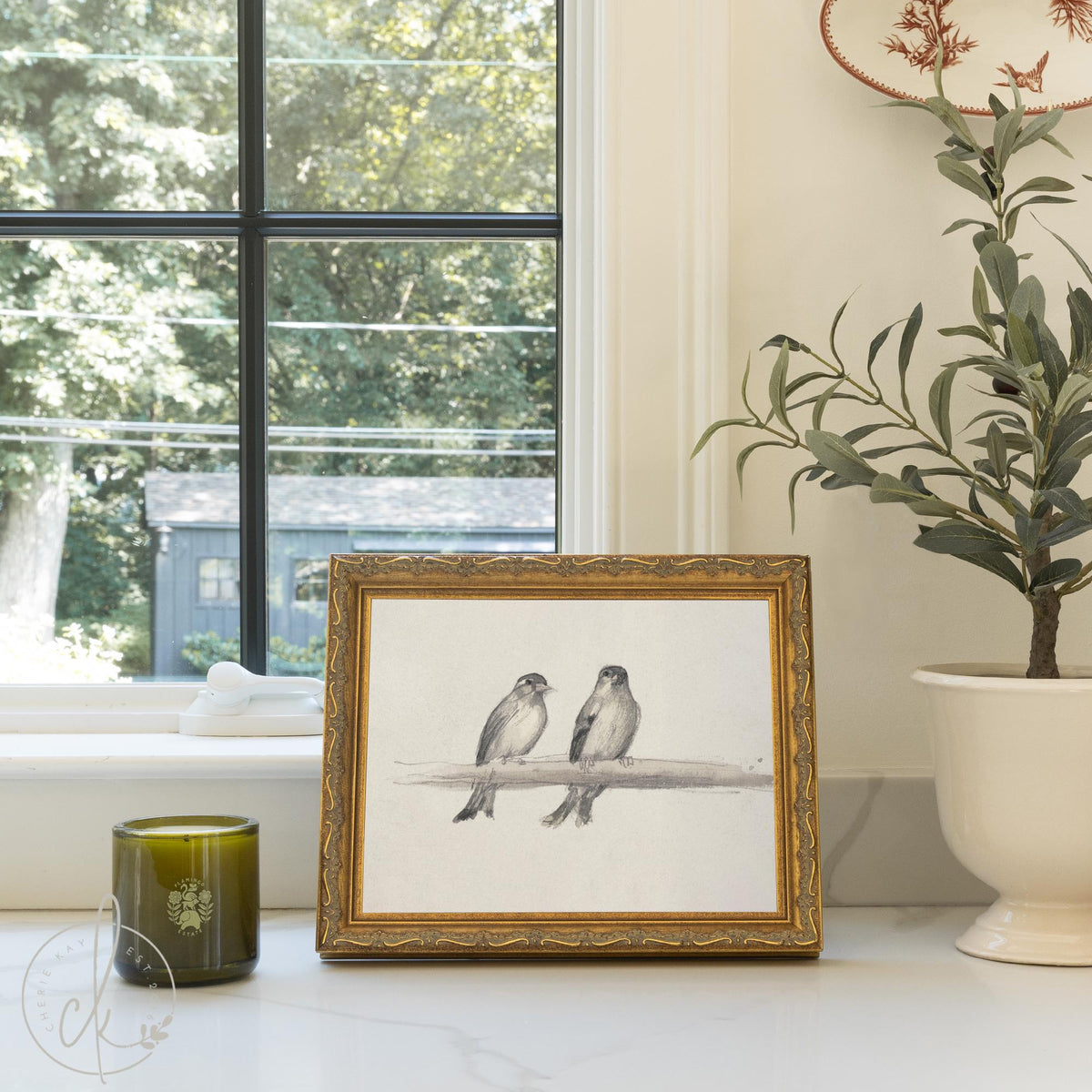 Framed Bird Art | Two Little Birds on a Branch in an Ornate Gold Frame | Vintage Neutral Wall Decor for the Living Room | N167