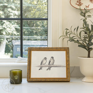 Framed Bird Art | Two Little Birds on a Branch in an Ornate Gold Frame | Vintage Neutral Wall Decor for the Living Room | N167