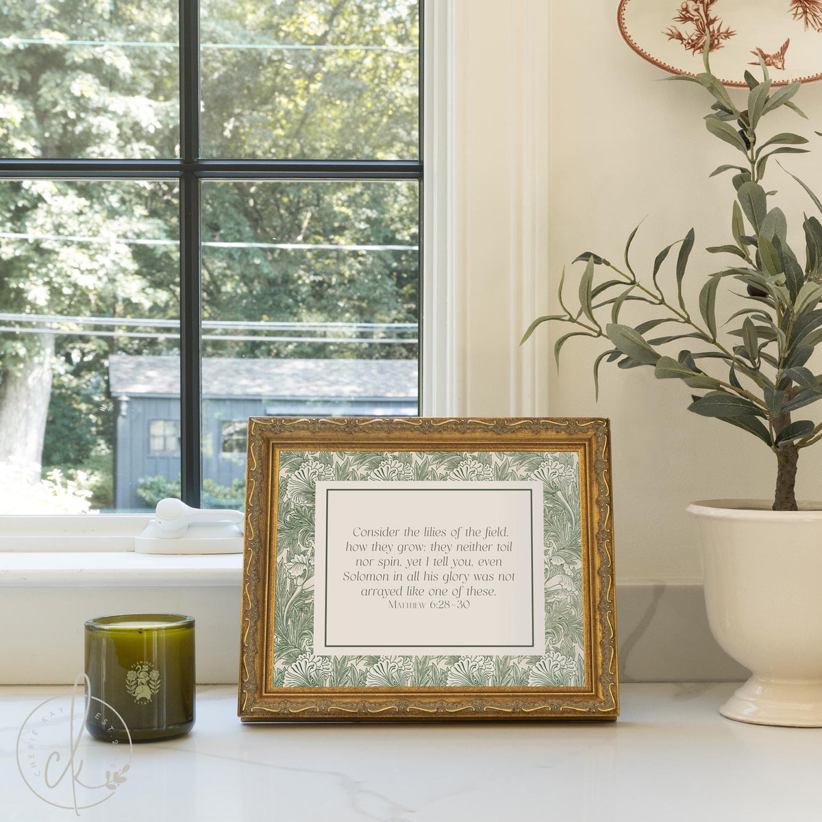William Morris Print | Consider the Lilies Matthew 6 Bible Verse Art | Framed Scripture Canvas in Ornate Gold Frame | N168