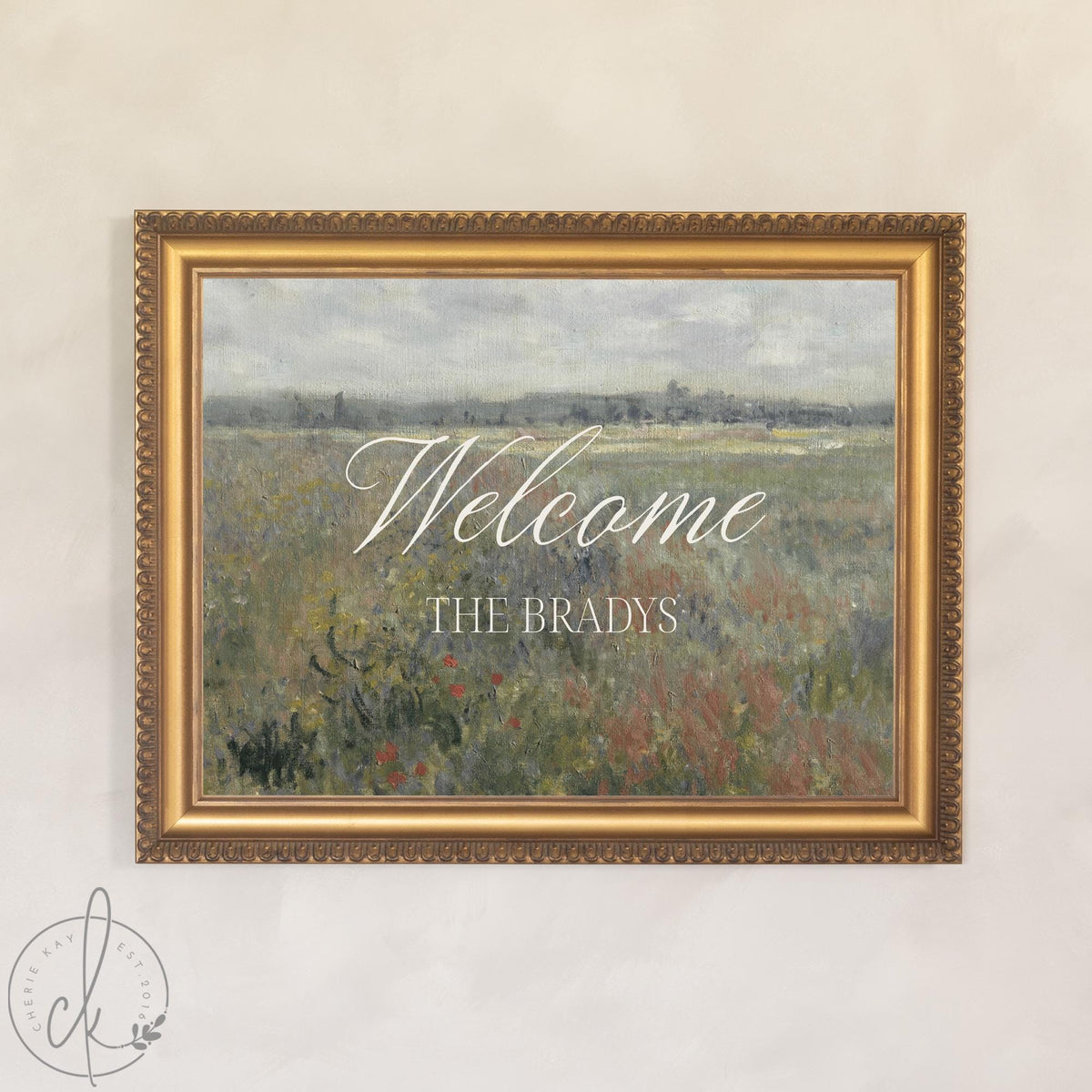 Personalized Wedding Established Sign | Custom Last Name Canvas in Gold Frame | Vintage Wildflower Meadow Wall Art | N162