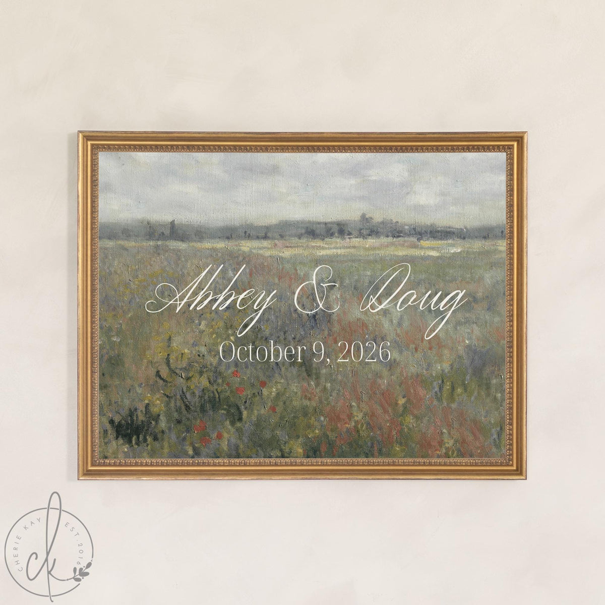 Personalized Wedding Established Sign | Custom Last Name Canvas in Gold Frame | Vintage Wildflower Meadow Wall Art | N162
