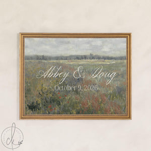 Personalized Wedding Established Sign | Custom Last Name Canvas in Gold Frame | Vintage Wildflower Meadow Wall Art | N162