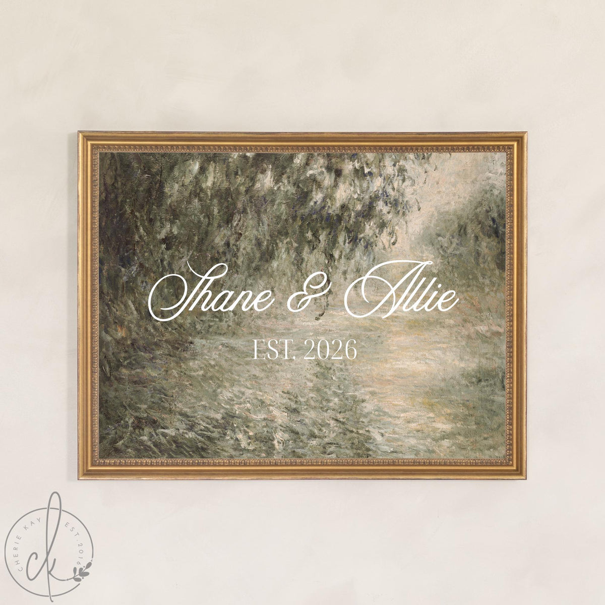 Personalized Welcome Sign | Gold Framed Impressionist Landscape Canvas | Custom Last Name & Wedding Date | N164