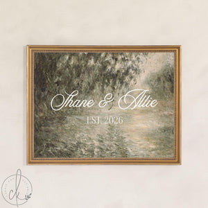 Personalized Welcome Sign | Gold Framed Impressionist Landscape Canvas | Custom Last Name & Wedding Date | N164