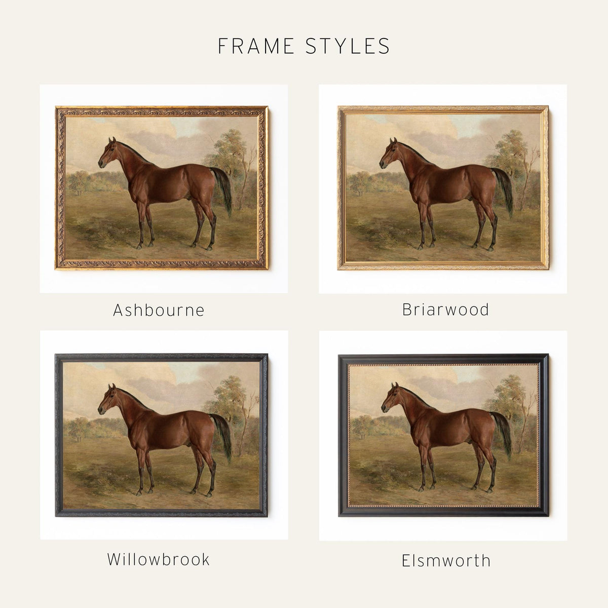 Horse Canvas Wall Art | Vintage Countryside Painting in Gold Frame | Equestrian Decor for Living Room or Entryway | N169