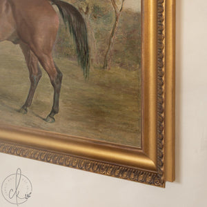 Horse Canvas Wall Art | Vintage Countryside Painting in Gold Frame | Equestrian Decor for Living Room or Entryway | N169
