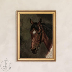 Horse Artwork | Moody Equestrian Canvas in Ornate Gold Frame | Vintage Wall Decor for Entryway or Office | N170