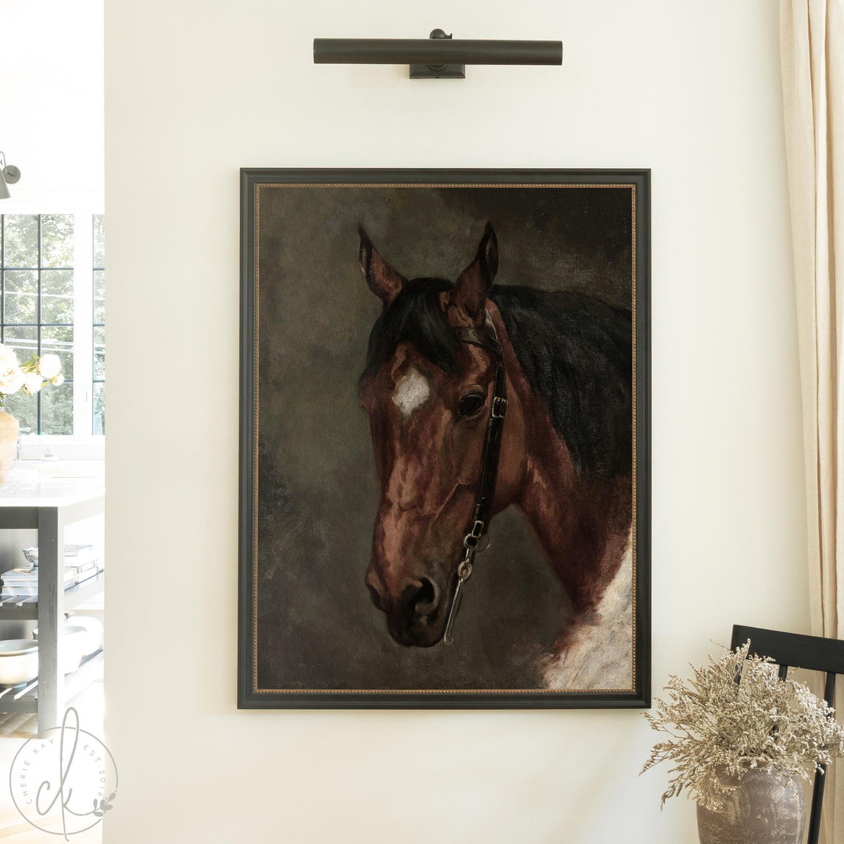Horse Artwork | Moody Equestrian Canvas in Ornate Gold Frame | Vintage Wall Decor for Entryway or Office | N170