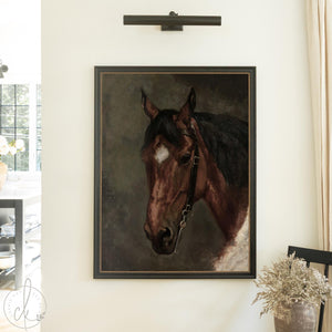 Horse Artwork | Moody Equestrian Canvas in Ornate Gold Frame | Vintage Wall Decor for Entryway or Office | N170