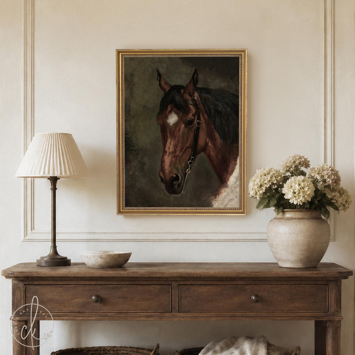Horse artwork framed canvas of a bay horse head with black bridle on a dark olive background in an ornate gold frame