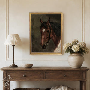 Horse artwork framed canvas of a bay horse head with black bridle on a dark olive background in an ornate gold frame