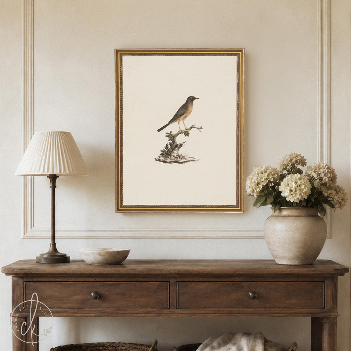 Bird Wall Decor | Vintage Songbird Framed Canvas in Ornate Gold Frame | Antique Style Art for Entryway or Living Room | N172