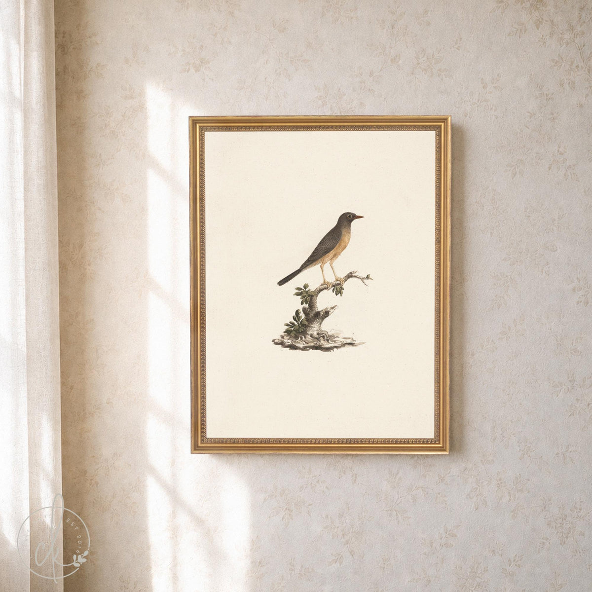 Bird Wall Decor | Vintage Songbird Framed Canvas in Ornate Gold Frame | Antique Style Art for Entryway or Living Room | N172