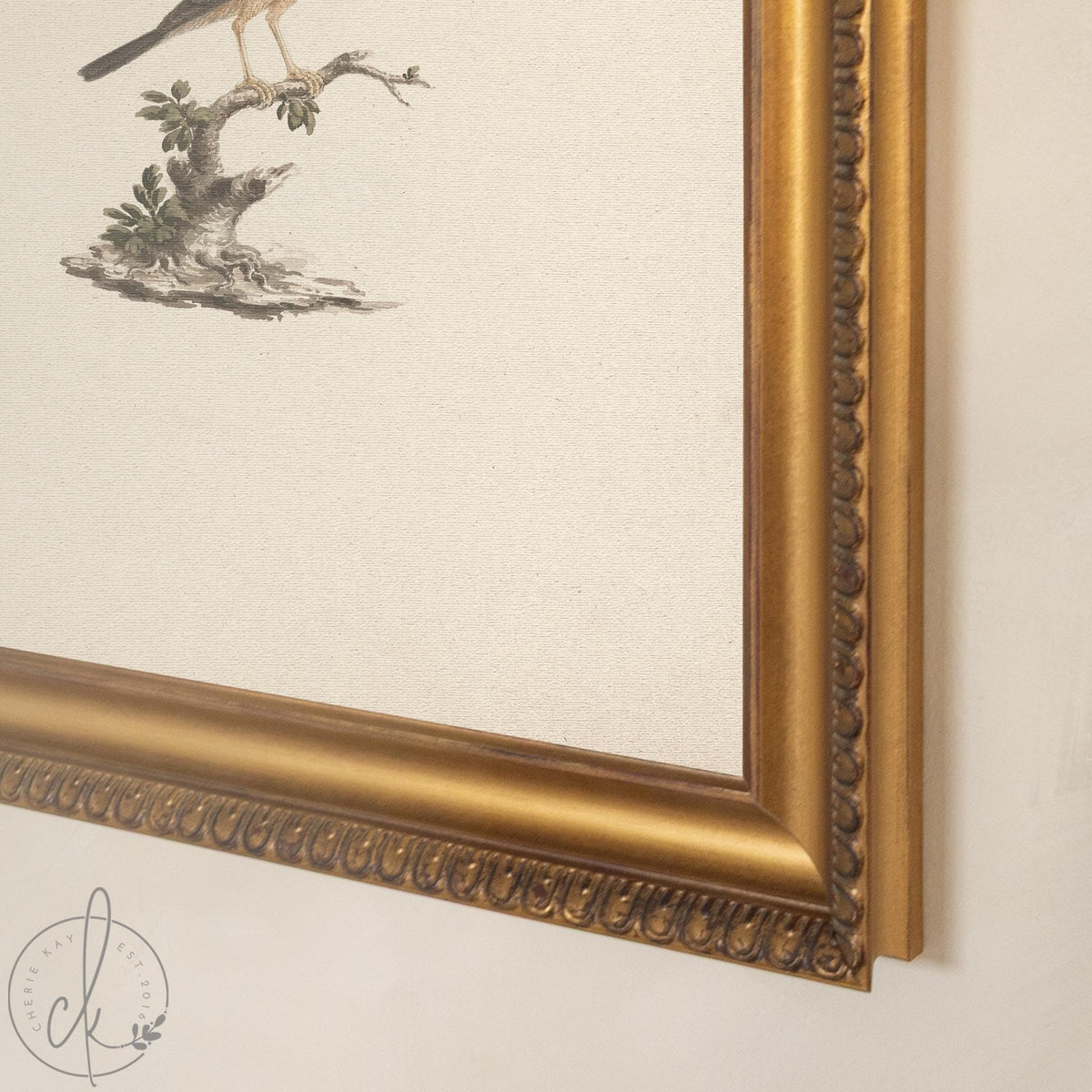 Bird Wall Decor | Vintage Songbird Framed Canvas in Ornate Gold Frame | Antique Style Art for Entryway or Living Room | N172