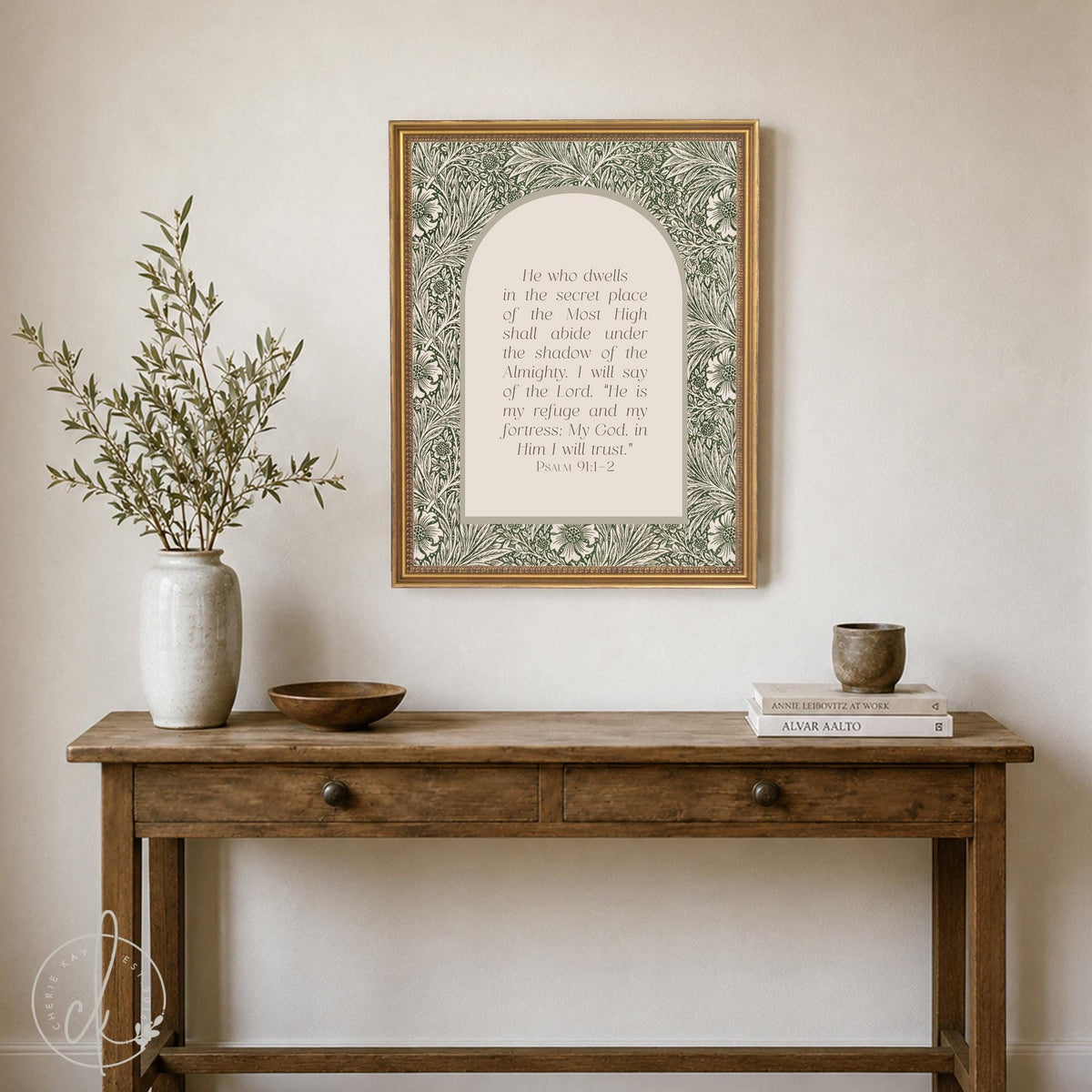 Psalm 91 Print | Scripture Wall Art with William Morris Marigold Pattern | Bible Verse Canvas in Ornate Gold Frame | N174