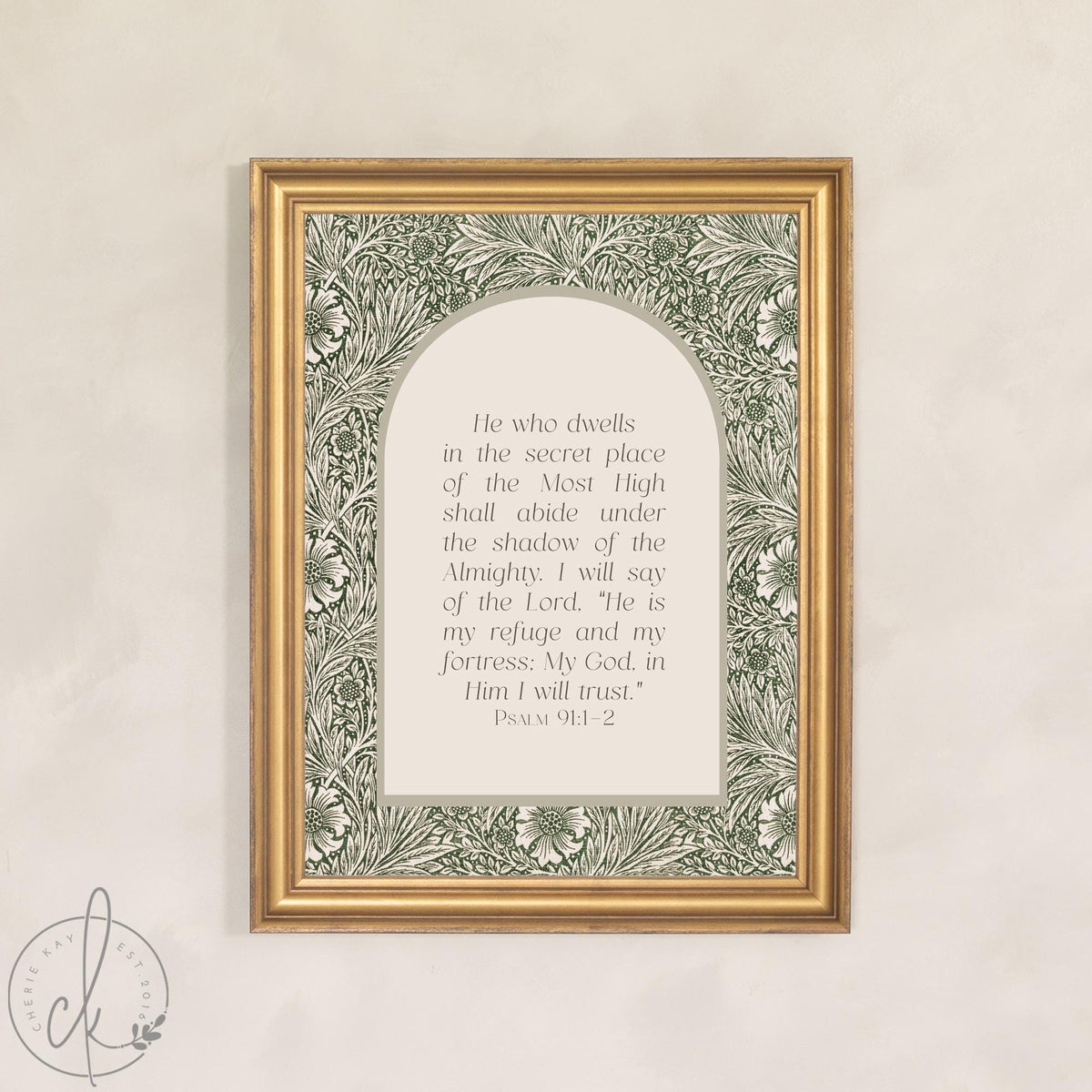 Psalm 91 Print | Scripture Wall Art with William Morris Marigold Pattern | Bible Verse Canvas in Ornate Gold Frame | N174